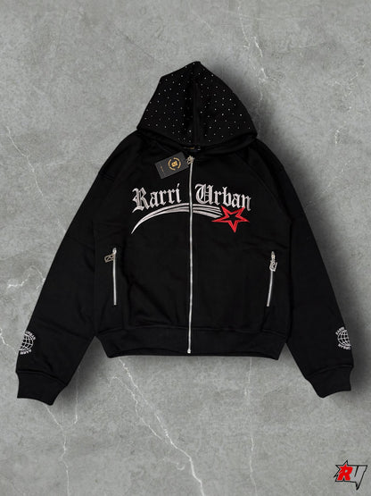 RarriUrban Stone Embroidered Zip-Through Fleece Hoodie [Black]
