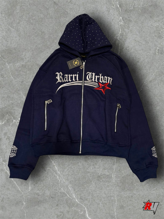 RarriUrban Stone Embroidered Zip-Through Fleece Hoodie[Navy blue]