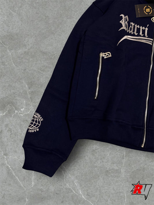 RarriUrban Stone Embroidered Zip-Through Fleece Hoodie[Navy blue]