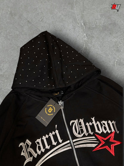 RarriUrban Stone Embroidered Zip-Through Fleece Hoodie [Black]