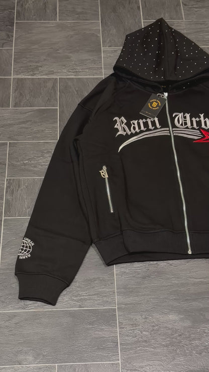 RarriUrban Stone Embroidered Zip-Through Fleece Hoodie [Black]