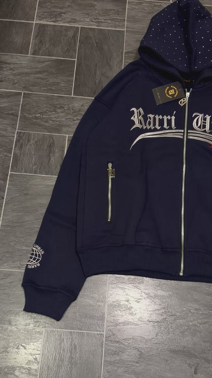 RarriUrban Stone Embroidered Zip-Through Fleece Hoodie[Navy blue]