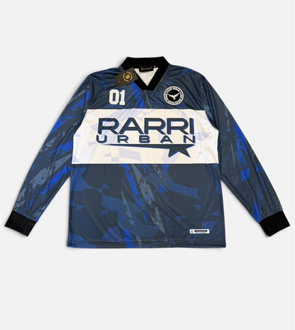 RARRI URBAN long-sleeve sports jersey in navy and white with geometric camo pattern, V-neck, and graphic branding.